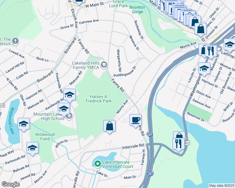 map of restaurants, bars, coffee shops, grocery stores, and more near 12 Park Place in Mountain Lakes