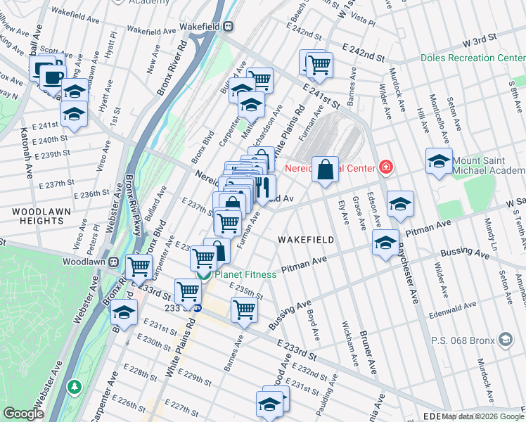 map of restaurants, bars, coffee shops, grocery stores, and more near in The Bronx