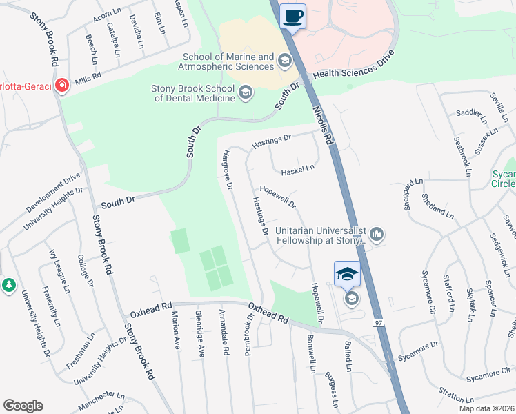 map of restaurants, bars, coffee shops, grocery stores, and more near 25 Hastings Drive in Stony Brook