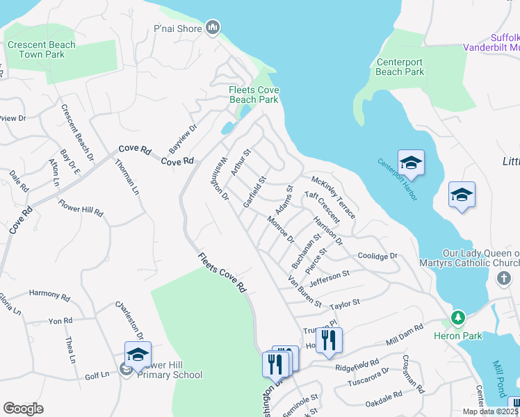 map of restaurants, bars, coffee shops, grocery stores, and more near 701 Monroe Drive in Centerport