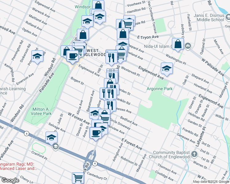 map of restaurants, bars, coffee shops, grocery stores, and more near 17 Franklin Road in Teaneck