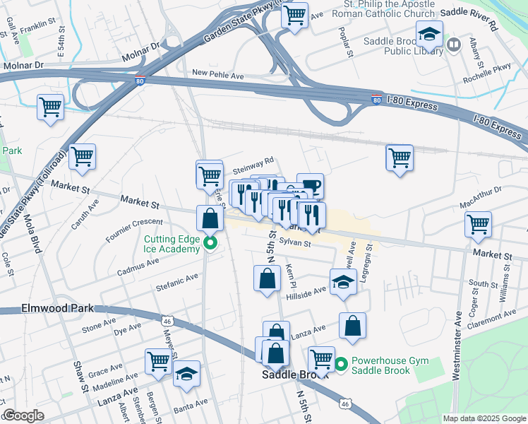 map of restaurants, bars, coffee shops, grocery stores, and more near 469 Market Street in Saddle Brook