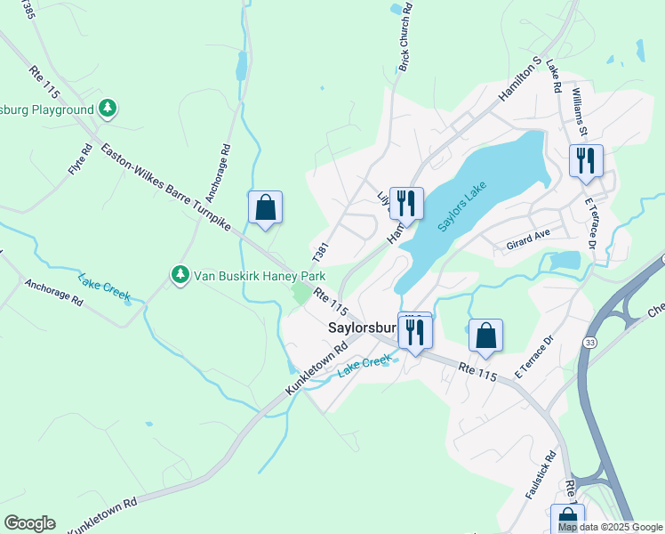 map of restaurants, bars, coffee shops, grocery stores, and more near 112 Brick Church Road in Saylorsburg