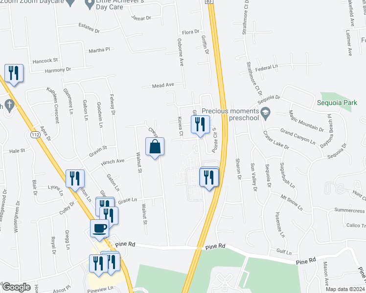 map of restaurants, bars, coffee shops, grocery stores, and more near 50 Gibbs Road in Coram