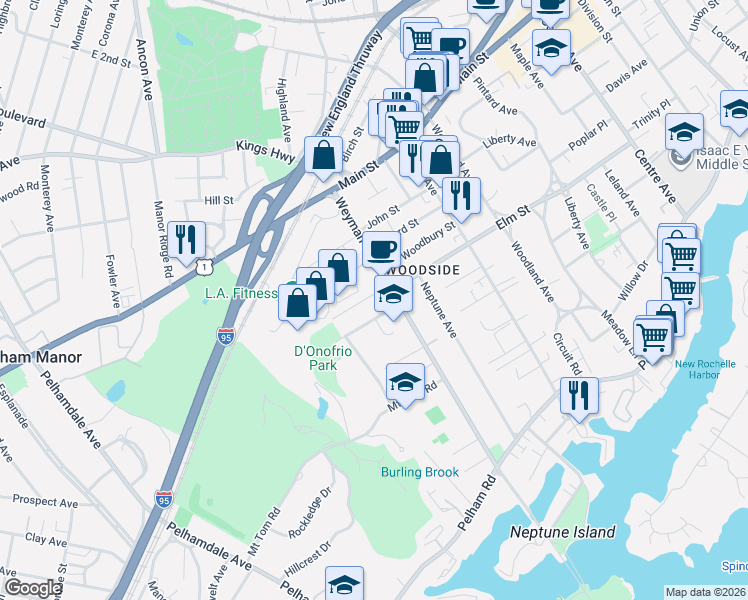 map of restaurants, bars, coffee shops, grocery stores, and more near 21 Emmett Terrace in New Rochelle