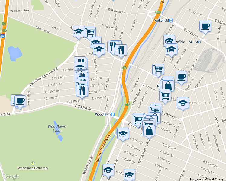 map of restaurants, bars, coffee shops, grocery stores, and more near 549 East 234th Street in Bronx
