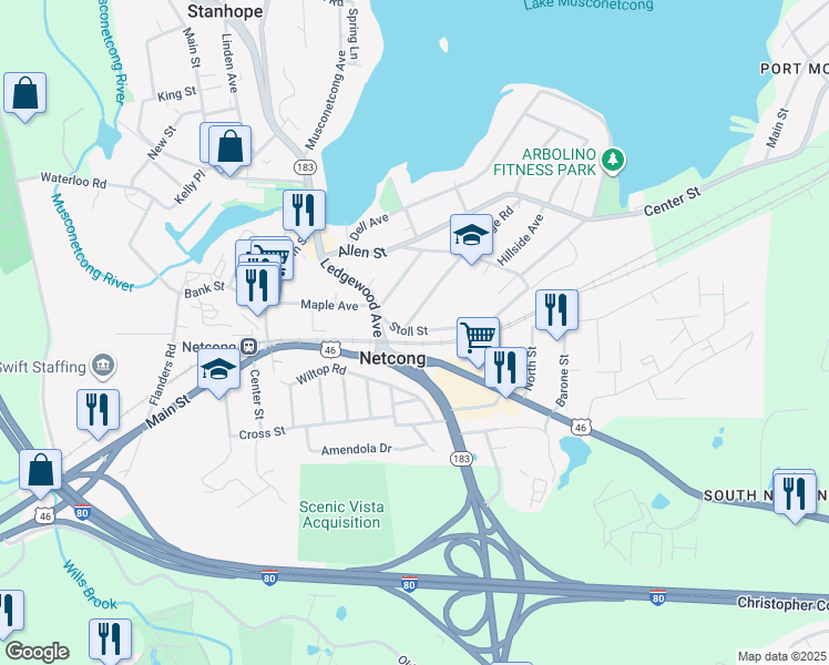 map of restaurants, bars, coffee shops, grocery stores, and more near 51 Ledgewood Avenue in Netcong