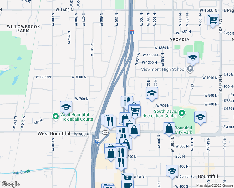 map of restaurants, bars, coffee shops, grocery stores, and more near 798 North 500 West in Bountiful