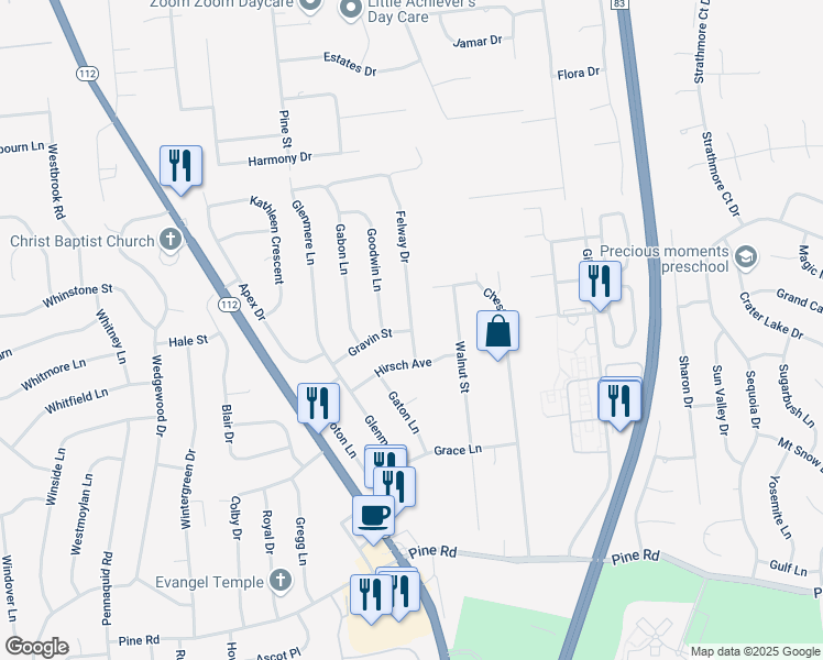 map of restaurants, bars, coffee shops, grocery stores, and more near Felway Drive & Gravin Street in Coram