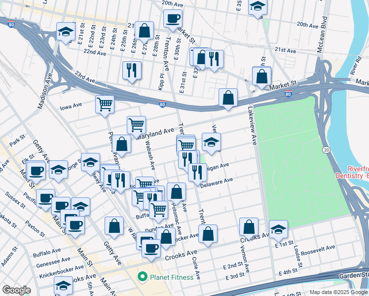 map of restaurants, bars, coffee shops, grocery stores, and more near 179 Illinois Avenue in Paterson
