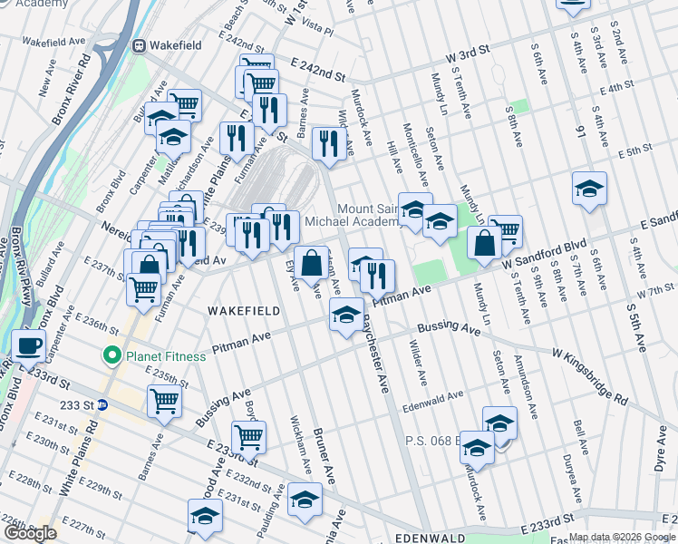 map of restaurants, bars, coffee shops, grocery stores, and more near 4346 Edson Avenue in The Bronx