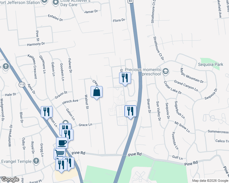map of restaurants, bars, coffee shops, grocery stores, and more near 50 Gibbs Road in Coram