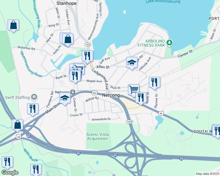 map of restaurants, bars, coffee shops, grocery stores, and more near 51 Ledgewood Avenue in Netcong