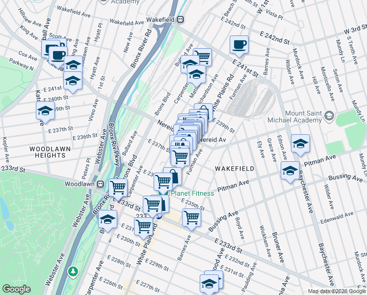 map of restaurants, bars, coffee shops, grocery stores, and more near 4354 White Plains Road in The Bronx