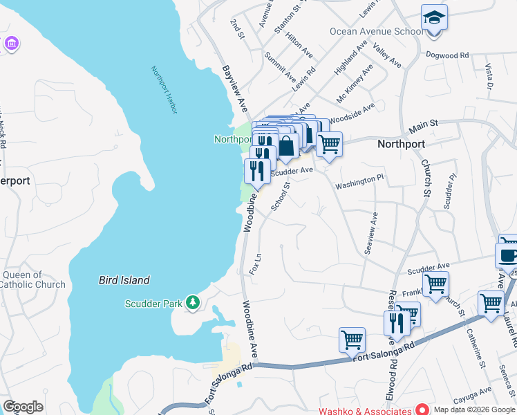 map of restaurants, bars, coffee shops, grocery stores, and more near 7 5 Avenue in Northport