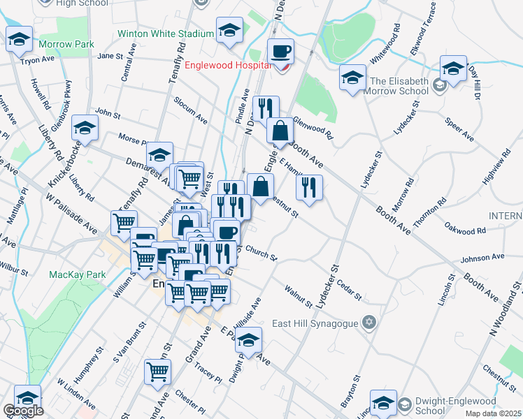 map of restaurants, bars, coffee shops, grocery stores, and more near 151 Engle Street in Englewood