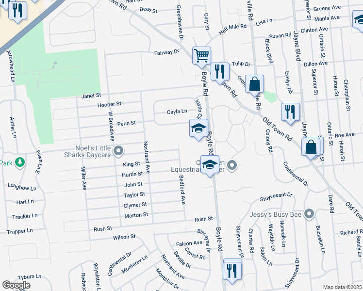 map of restaurants, bars, coffee shops, grocery stores, and more near 45 Bedford Avenue in Port Jefferson Station