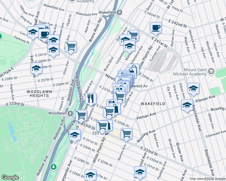 map of restaurants, bars, coffee shops, grocery stores, and more near 4352 Matilda Avenue in The Bronx