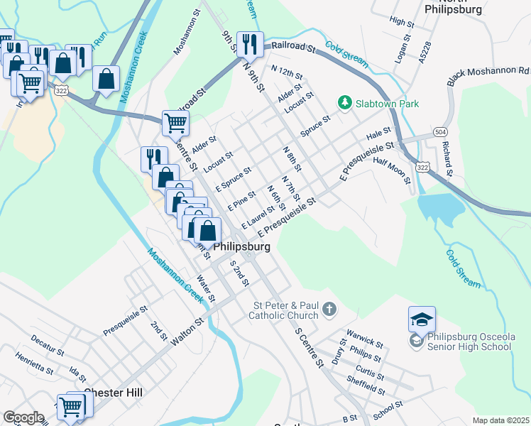 map of restaurants, bars, coffee shops, grocery stores, and more near Laurel Street in Philipsburg
