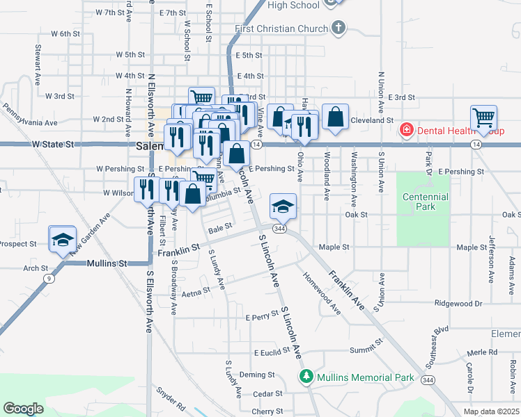 map of restaurants, bars, coffee shops, grocery stores, and more near 518 South Lincoln Avenue in Salem