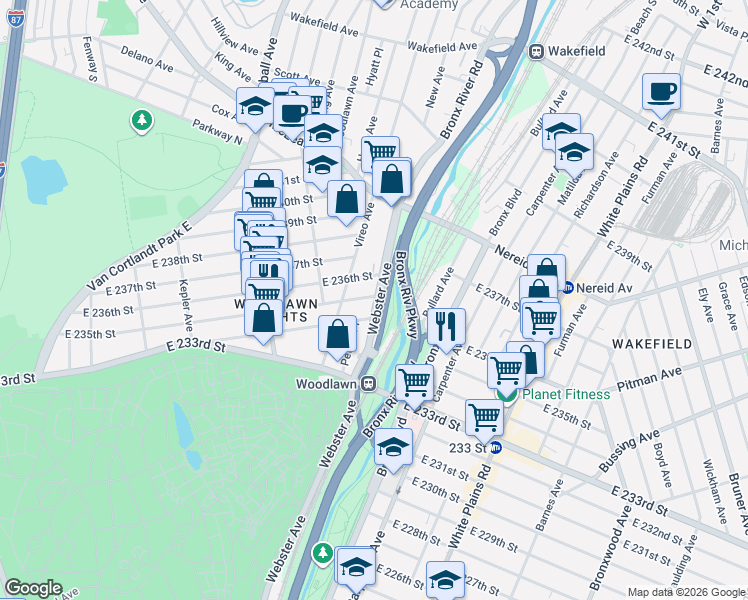 map of restaurants, bars, coffee shops, grocery stores, and more near 4265 Webster Avenue in The Bronx