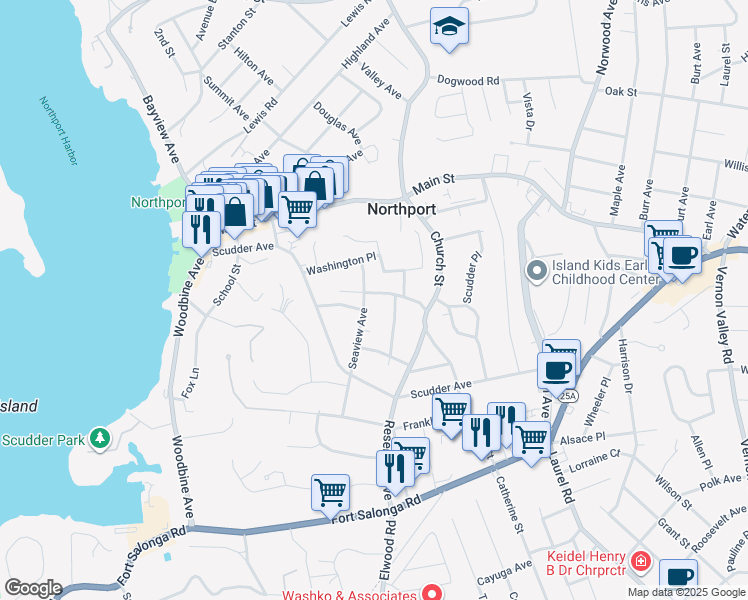 map of restaurants, bars, coffee shops, grocery stores, and more near 105 Seaview Terrace in Northport