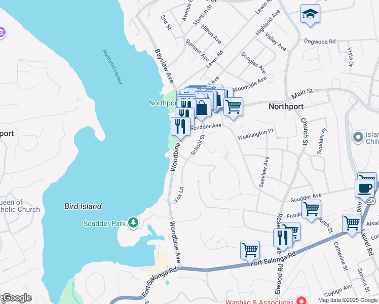 map of restaurants, bars, coffee shops, grocery stores, and more near 23 5 Avenue in Northport