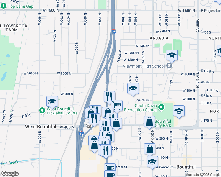 map of restaurants, bars, coffee shops, grocery stores, and more near 830 North 500 West in Bountiful