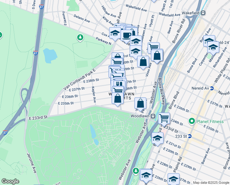 map of restaurants, bars, coffee shops, grocery stores, and more near in The Bronx