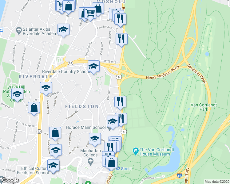 map of restaurants, bars, coffee shops, grocery stores, and more near 212 West 252nd Street in Bronx