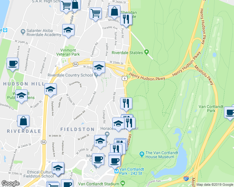 map of restaurants, bars, coffee shops, grocery stores, and more near 212 West 252nd Street in Bronx