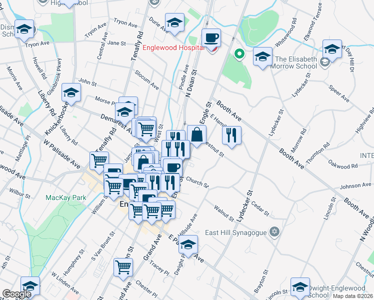 map of restaurants, bars, coffee shops, grocery stores, and more near 136 Engle Street in Englewood