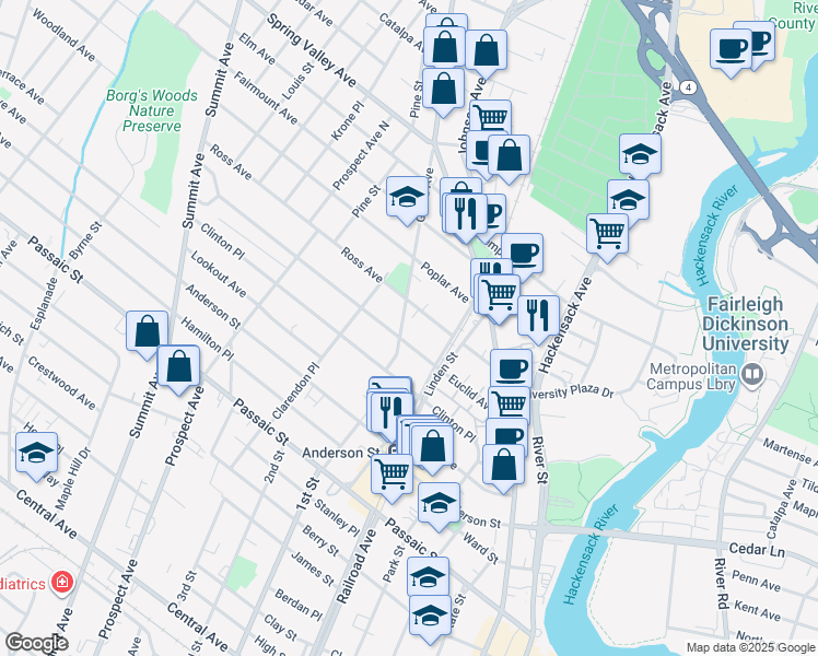 map of restaurants, bars, coffee shops, grocery stores, and more near 98 Euclid Avenue in Hackensack