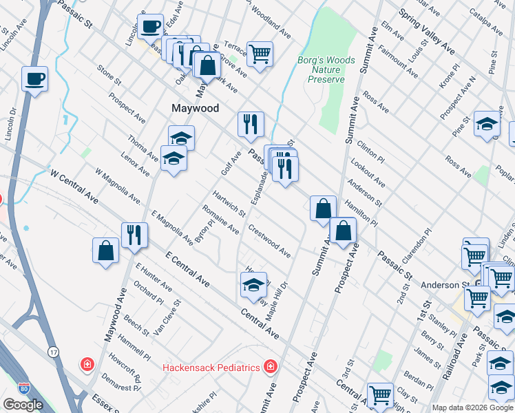 map of restaurants, bars, coffee shops, grocery stores, and more near 292 Esplanade in Hackensack