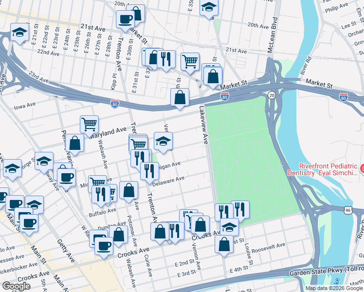 map of restaurants, bars, coffee shops, grocery stores, and more near 165 Vernon Avenue in Paterson