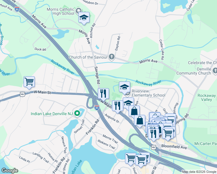 map of restaurants, bars, coffee shops, grocery stores, and more near 2 Savage Road in Denville