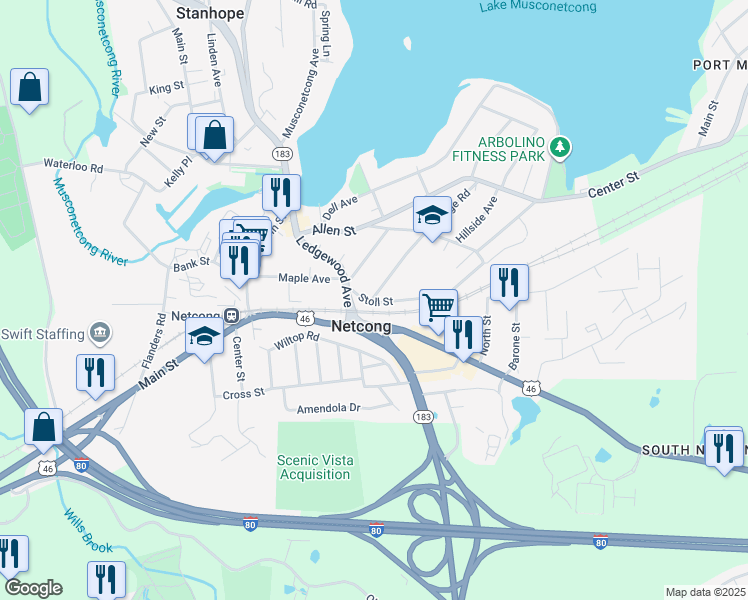 map of restaurants, bars, coffee shops, grocery stores, and more near 51 Ledgewood Avenue in Netcong