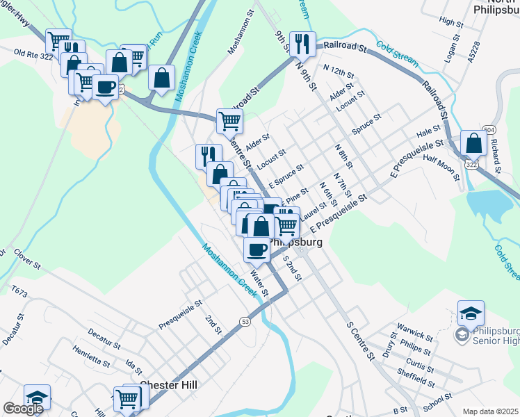 map of restaurants, bars, coffee shops, grocery stores, and more near 124 North 2nd Street in Philipsburg