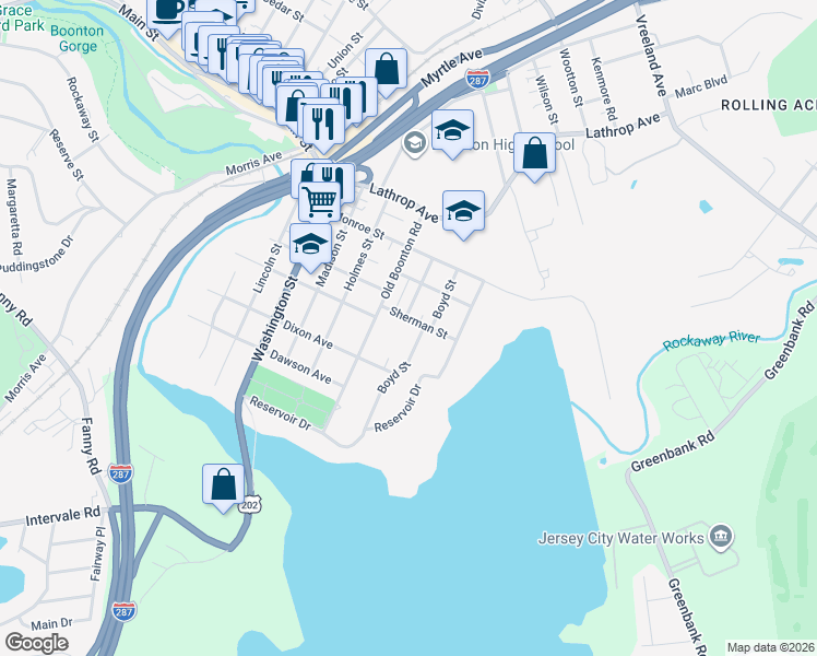 map of restaurants, bars, coffee shops, grocery stores, and more near 415 Boyd Street in Boonton