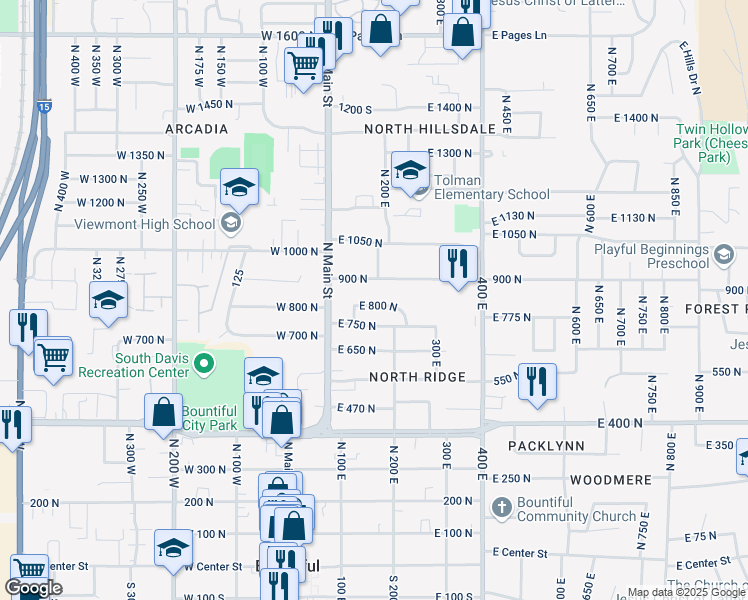map of restaurants, bars, coffee shops, grocery stores, and more near 149 East 800 North in Bountiful