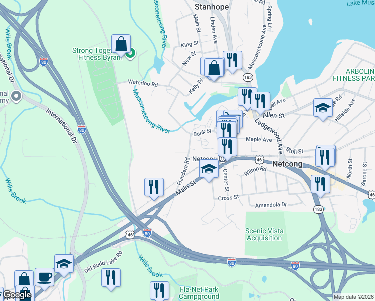 map of restaurants, bars, coffee shops, grocery stores, and more near 17 Flanders Road in Netcong