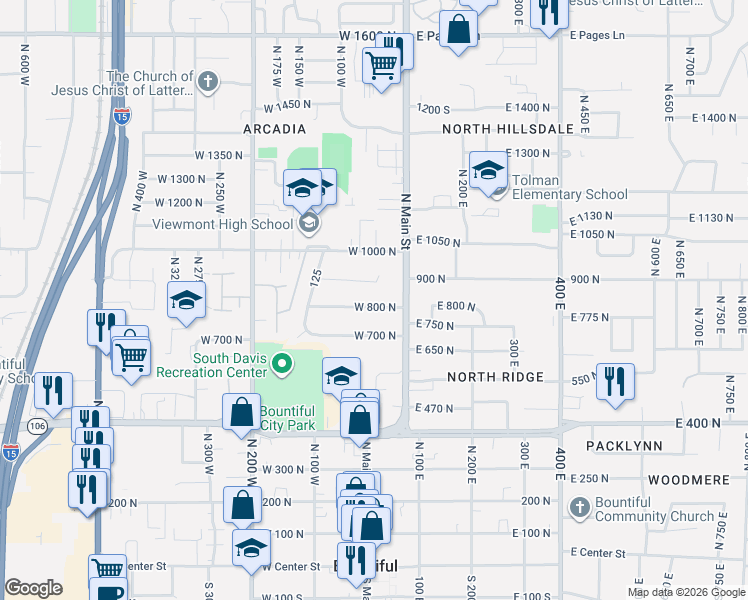 map of restaurants, bars, coffee shops, grocery stores, and more near 34 West 800 North in Bountiful