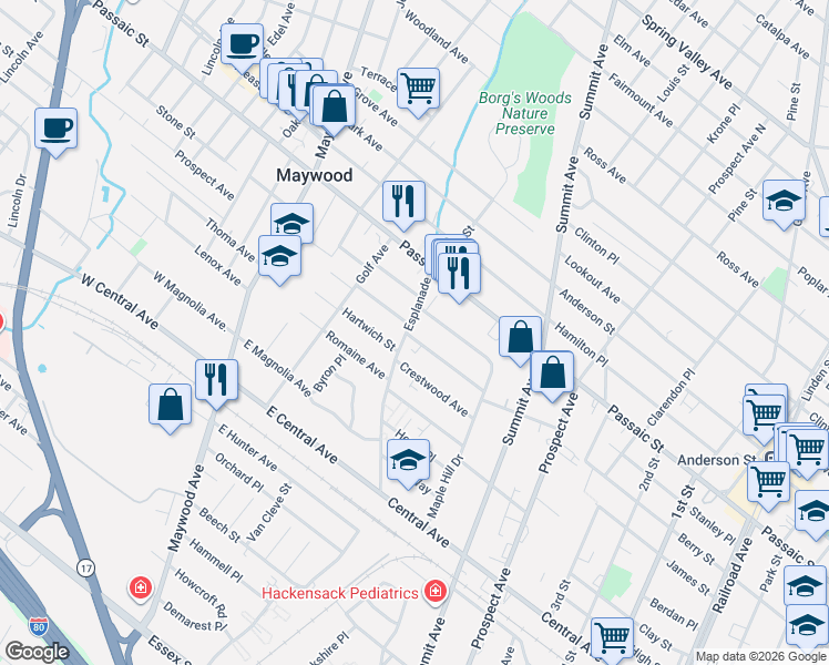 map of restaurants, bars, coffee shops, grocery stores, and more near 292 Esplanade in Hackensack