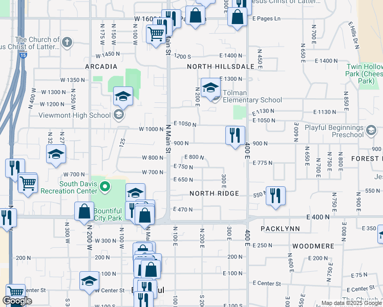 map of restaurants, bars, coffee shops, grocery stores, and more near 149 East 800 North in Bountiful