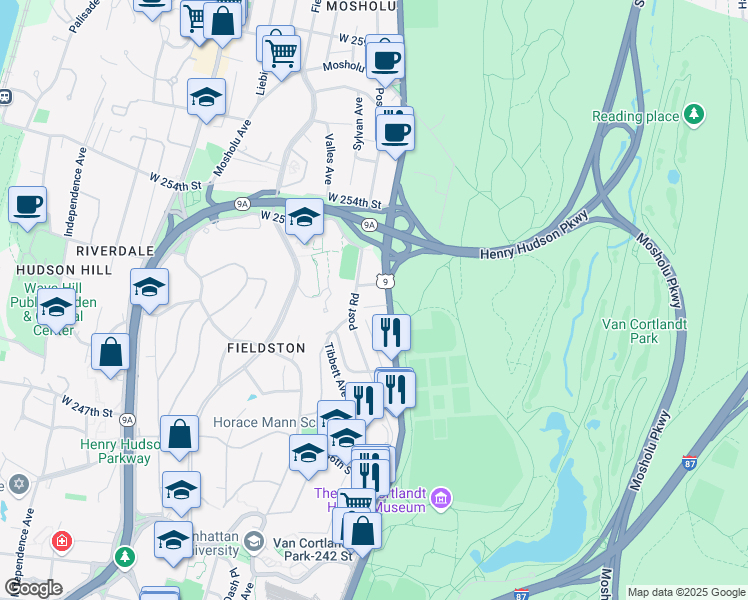 map of restaurants, bars, coffee shops, grocery stores, and more near 212 West 252nd Street in Bronx