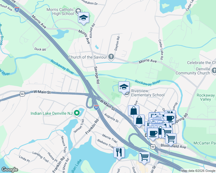 map of restaurants, bars, coffee shops, grocery stores, and more near 2 Savage Road in Denville
