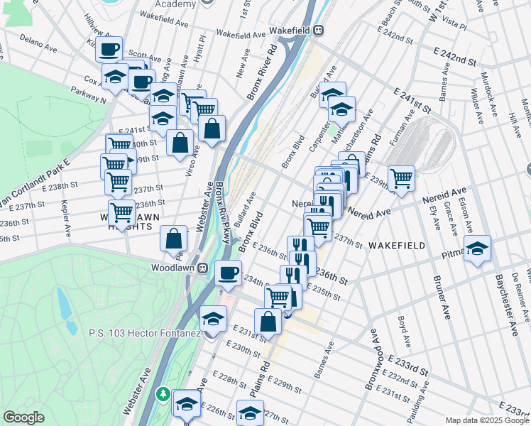 map of restaurants, bars, coffee shops, grocery stores, and more near 4335 Carpenter Avenue in The Bronx