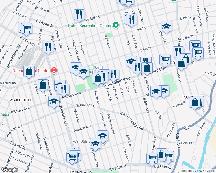 map of restaurants, bars, coffee shops, grocery stores, and more near 523 South Tenth Avenue in Mount Vernon