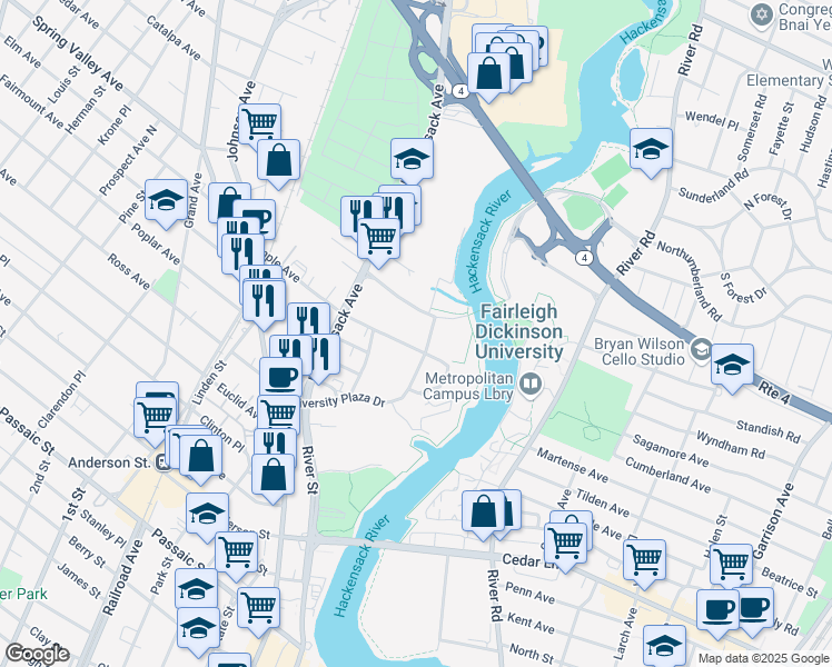 map of restaurants, bars, coffee shops, grocery stores, and more near in Hackensack