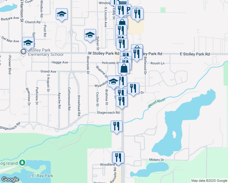 map of restaurants, bars, coffee shops, grocery stores, and more near 315 Wyandotte Street in Grand Island